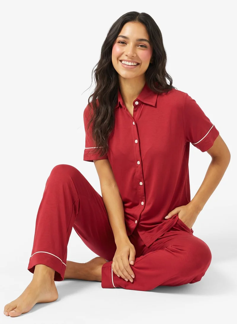 Ginger Button Up Shirt & Pyjama Set with Contrast Trim