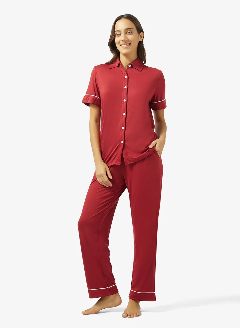 Ginger Button Up Shirt & Pyjama Set with Contrast Trim
