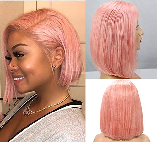 14Inches Pink Bob Wigs 13x4 HD Lace Front Human Hair Glueless Sliky Straight Brazilian Virgin Hair Pre Plucked Hairline Bleached Knots Transparent Pink Bob Wig Middle Part for Womencould be restyle