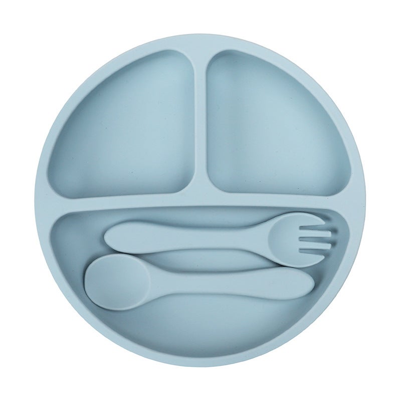Childrens Tableware Set Baby Food Supplementation Meal Training Silicone Tableware Set of 3 Baby Suction Disc Bowl Maternal and Infant Supplies(Plate + fork spoon) blue 096# (Plate + fork spoon) blue 096#
