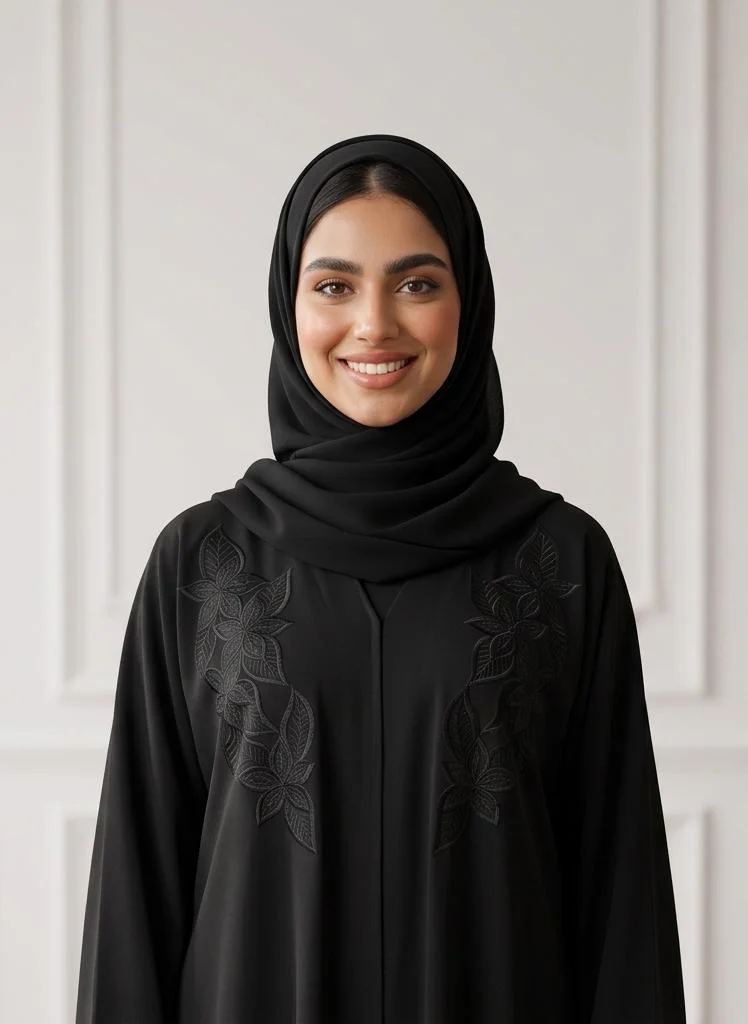 Nukhbaa Elegant Tone-on-Tone Floral Black Abaya | Nida Fabtic-947
