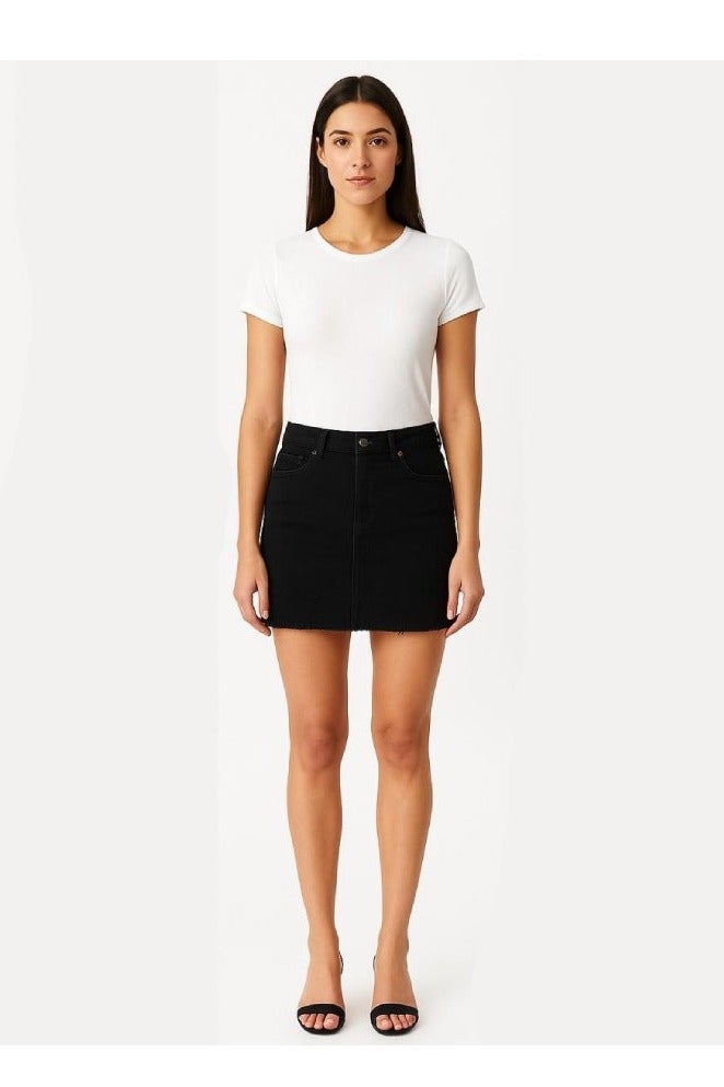 FOREVER 21 Women’s Black Denim Mini Skirt – High Waist, Frayed Hem, Casual Jean Skirt with Pockets - Image 1