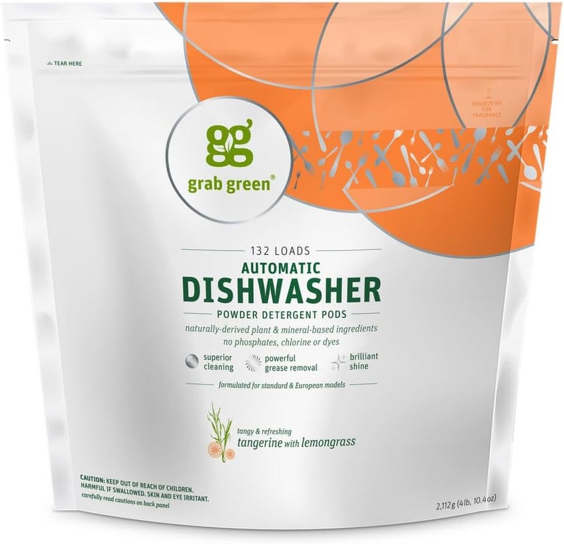 Grab Green Automatic Dishwasher Powder Detergent Pods - 132 Loads, Tangerine with Lemongrass, Plant & Mineral-Based - Image 1