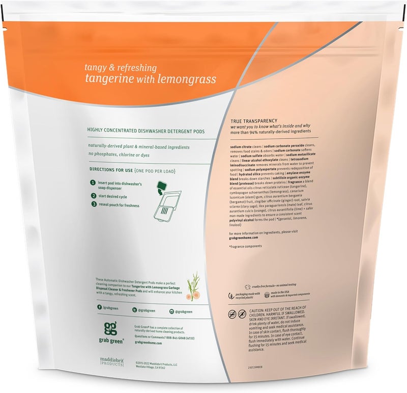 Grab Green Automatic Dishwasher Powder Detergent Pods - 132 Loads, Tangerine with Lemongrass, Plant & Mineral-Based - Image 2