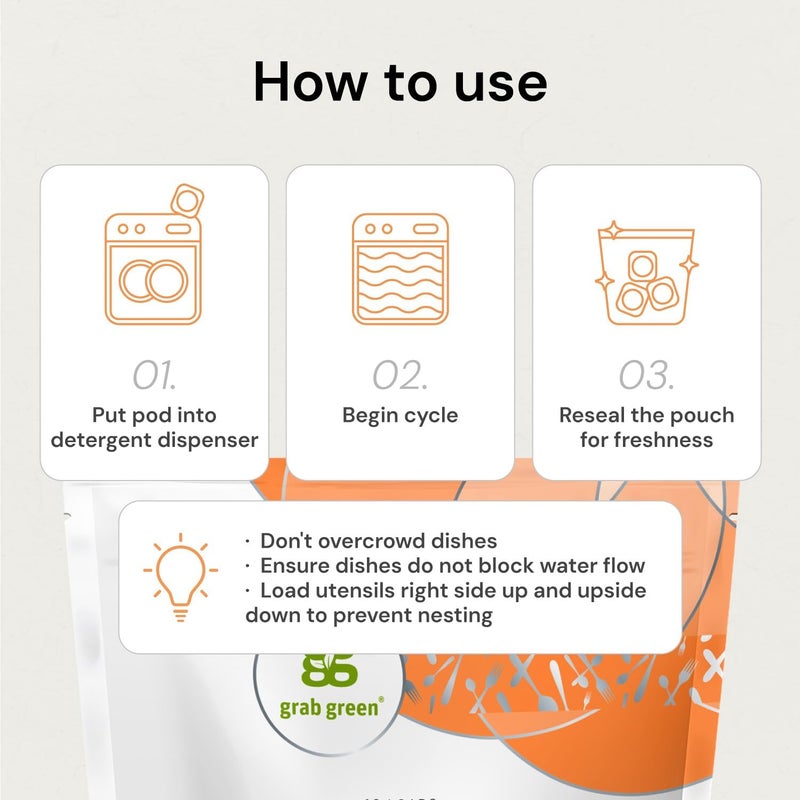 Grab Green Automatic Dishwasher Powder Detergent Pods - 132 Loads, Tangerine with Lemongrass, Plant & Mineral-Based - Image 5