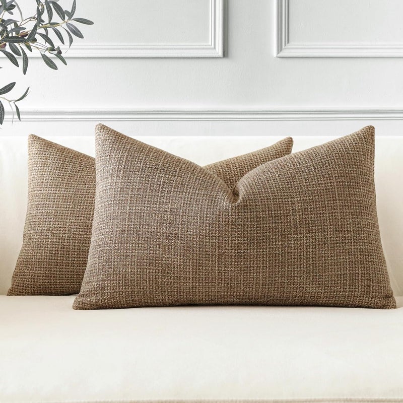 OTOSTAR Pack of 2 Throw Pillow Covers 12x20 Inch Linen Coffee Brown Pillowcases Farmhouse Decorative Solid Pillow Covers 30x50 cm Lumbar Cushion Case for Home Decor Sofa Couch Bed (Coffee Brown) - Image 1