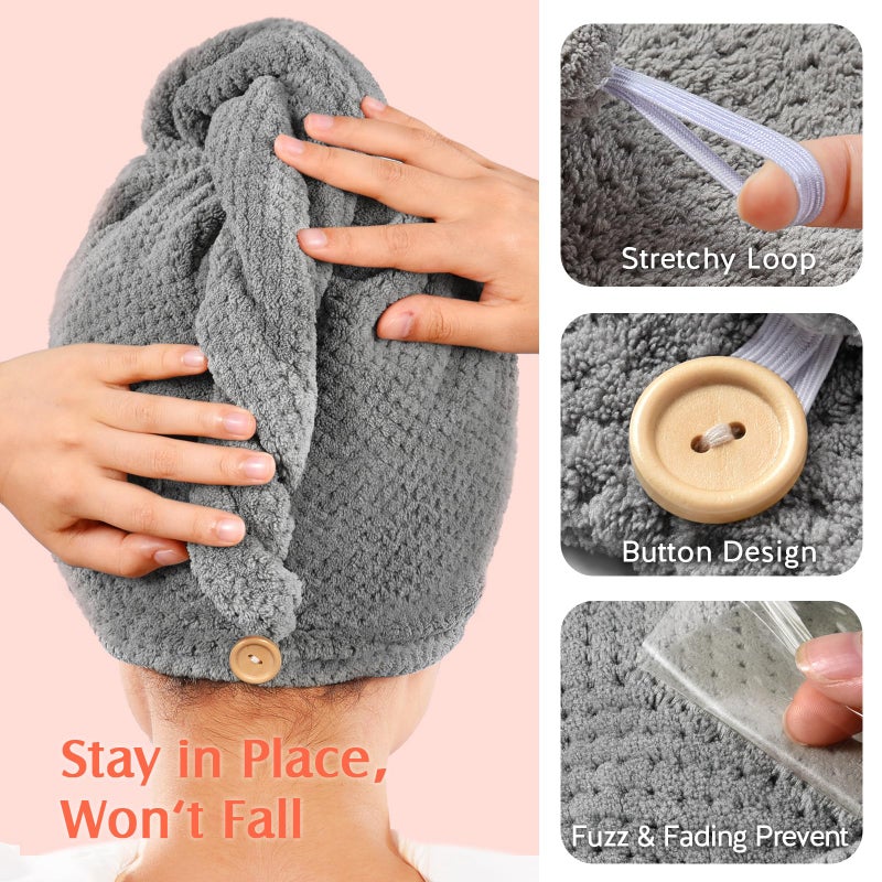 YFONG 2 Pack Large Microfiber Hair Towel Wrap, Super Absorbent Quick Dry Hair Turban for Drying Long Thick Curly Hair, Anti Frizz, Drying Towel with Button - Image 5