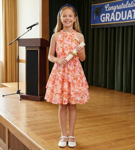 GRACE KARIN Girls Summer Birthday Dress Orange Floral Hawaiian Halter Chiffon Beach Party Vacation Dresses for Kids Size 12 - Image 3