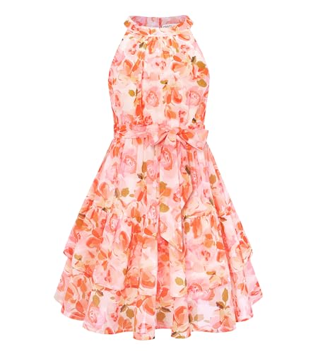 GRACE KARIN Girls Summer Birthday Dress Orange Floral Hawaiian Halter Chiffon Beach Party Vacation Dresses for Kids Size 12 - Image 1