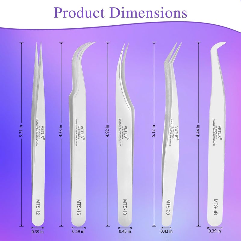 LZM 5 Pcs Professional Precision Tweezers, Portable Stainless Steel Eyebrow Tweezers, Straight and Curved Tweezers Set Eyelash Curler for False Eyelashes Extension - Image 2