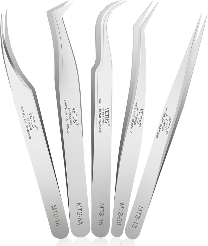 LZM 5 Pcs Professional Precision Tweezers, Portable Stainless Steel Eyebrow Tweezers, Straight and Curved Tweezers Set Eyelash Curler for False Eyelashes Extension - Image 1