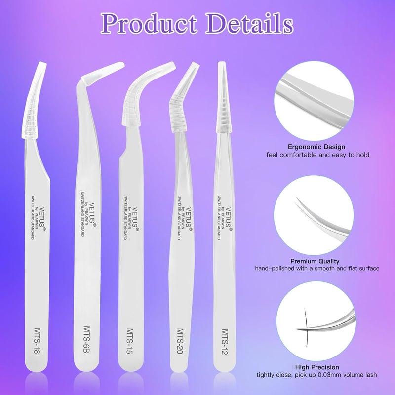 LZM 5 Pcs Professional Precision Tweezers, Portable Stainless Steel Eyebrow Tweezers, Straight and Curved Tweezers Set Eyelash Curler for False Eyelashes Extension - Image 4