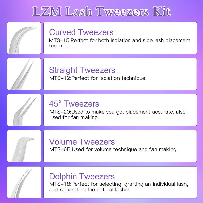 LZM 5 Pcs Professional Precision Tweezers, Portable Stainless Steel Eyebrow Tweezers, Straight and Curved Tweezers Set Eyelash Curler for False Eyelashes Extension - Image 5