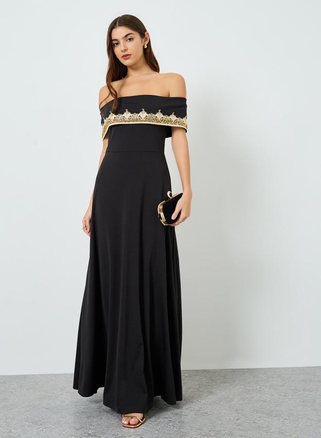 Styli Women Black Embellished Off Shoulder Maxi Dress - Image 3