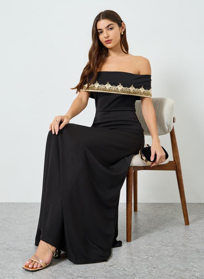 Styli Women Black Embellished Off Shoulder Maxi Dress - Image 1