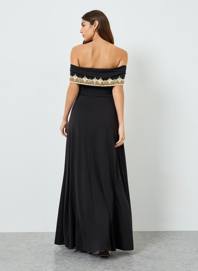 Styli Women Black Embellished Off Shoulder Maxi Dress - Image 4