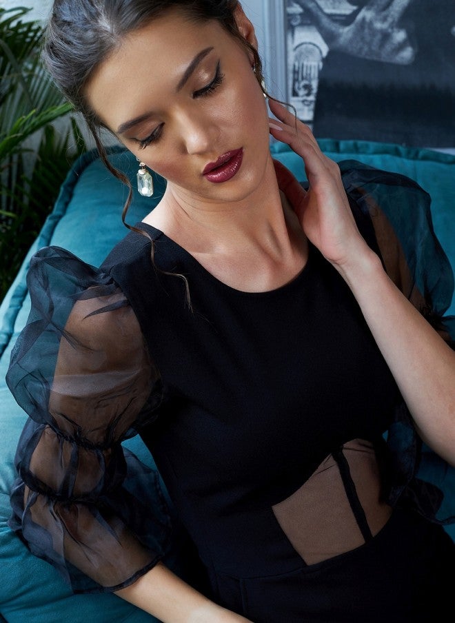 Athena جمبسوت أساسي أسود بأكمام أورغنزا للنساء - Image 2