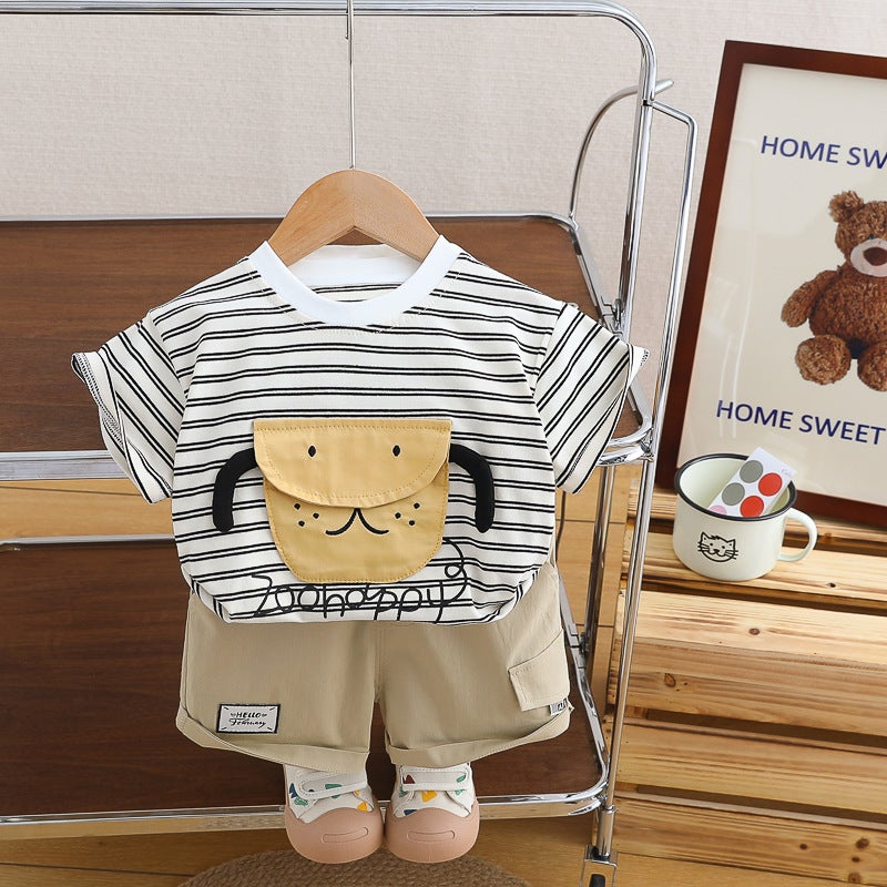 Wu Xiaoqi Kidsren's Clothing 2024 Summer New Korean Style Boys Short-Sleeved Suit Cartoon Round Neck Short-Sleeved Kidsren's Two-Piece Set - Image 3