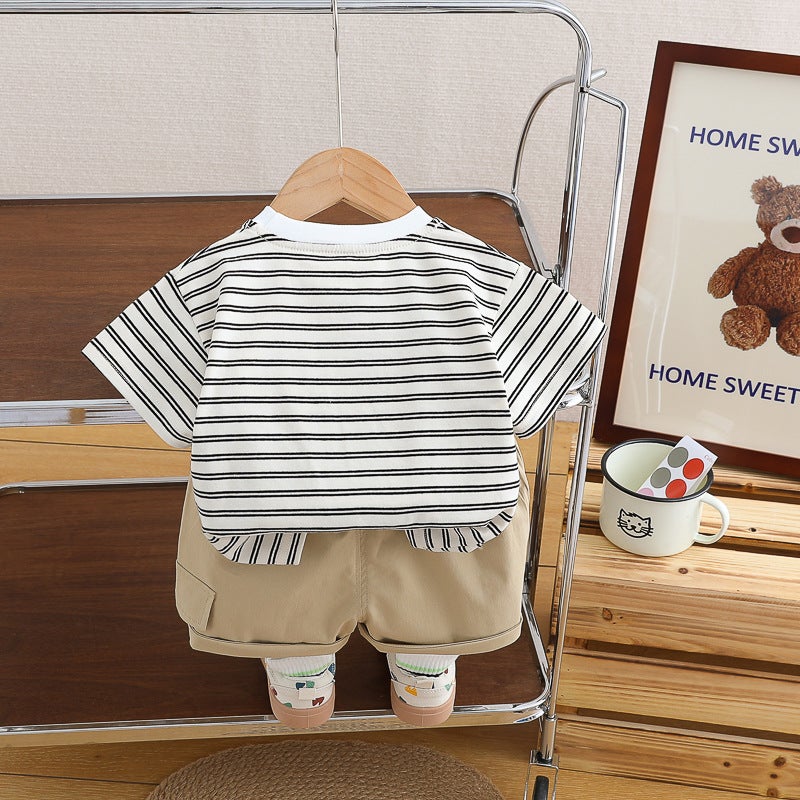 Wu Xiaoqi Kidsren's Clothing 2024 Summer New Korean Style Boys Short-Sleeved Suit Cartoon Round Neck Short-Sleeved Kidsren's Two-Piece Set - Image 5