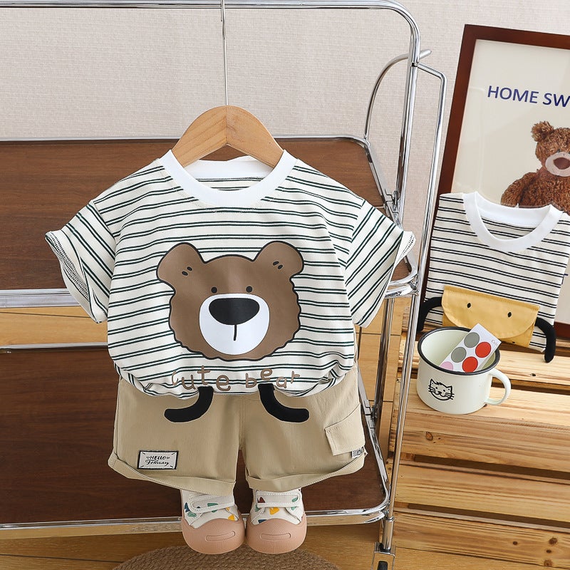 Wu Xiaoqi Kidsren's Clothing 2024 Summer New Korean Style Boys Short-Sleeved Suit Cartoon Round Neck Short-Sleeved Kidsren's Two-Piece Set - Image 2
