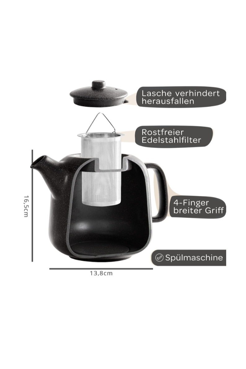 Steinzeit إبريق شاي بتصميم فاخر من STEINZEIT سعة 1.3 لتر – إبريق خزفي بفلتر داخلي من ستانلس ستيل 304 – تصميم حديث مع طبقة طلاء فريدة – لون أسود - Image 5