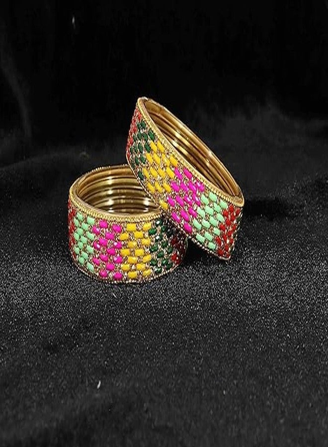 BANGLESKART مجموعة أساور كادا من الزجاج الذهبي المرصع بالزركون والماس والخرز من بانغلسكارت، مناسبة للنساء والفتيات. أساور زجاجية جميلة لحفلات الزفاف والمناسبات والاحتفالات اليومية. طقم من قطعتين متعدد الألوان. - Image 5