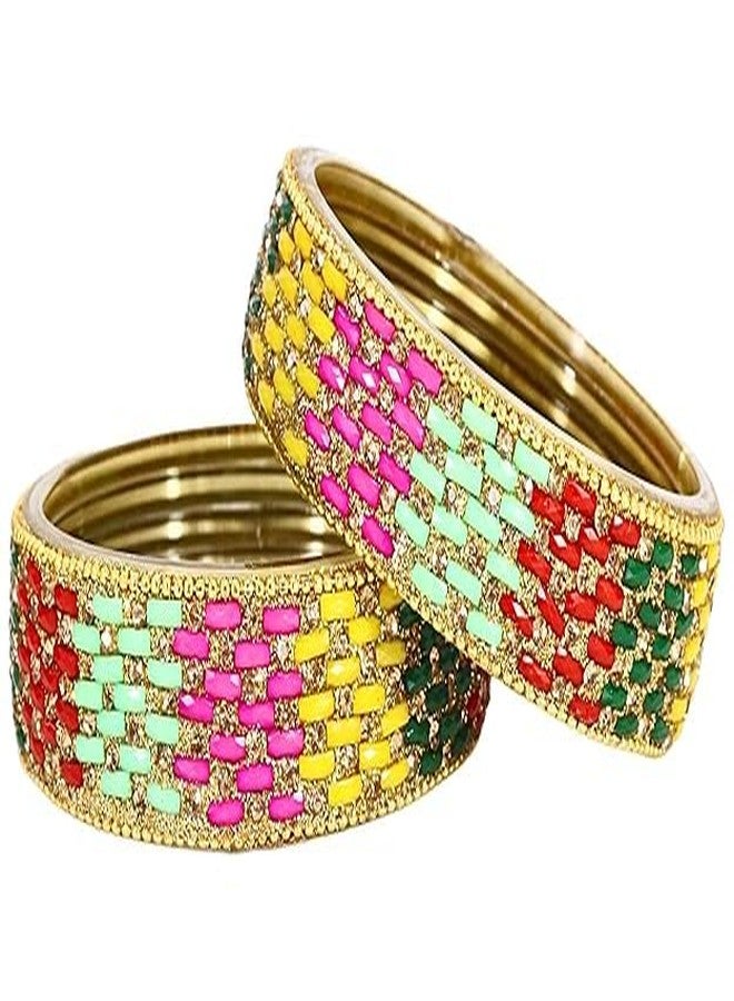 BANGLESKART مجموعة أساور كادا من الزجاج الذهبي المرصع بالزركون والماس والخرز من بانغلسكارت، مناسبة للنساء والفتيات. أساور زجاجية جميلة لحفلات الزفاف والمناسبات والاحتفالات اليومية. طقم من قطعتين متعدد الألوان. - Image 3