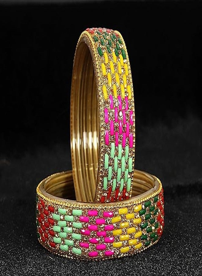 BANGLESKART مجموعة أساور كادا من الزجاج الذهبي المرصع بالزركون والماس والخرز من بانغلسكارت، مناسبة للنساء والفتيات. أساور زجاجية جميلة لحفلات الزفاف والمناسبات والاحتفالات اليومية. طقم من قطعتين متعدد الألوان. - Image 4