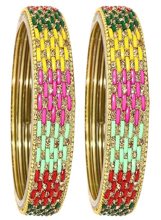 BANGLESKART مجموعة أساور كادا من الزجاج الذهبي المرصع بالزركون والماس والخرز من بانغلسكارت، مناسبة للنساء والفتيات. أساور زجاجية جميلة لحفلات الزفاف والمناسبات والاحتفالات اليومية. طقم من قطعتين متعدد الألوان. - Image 1