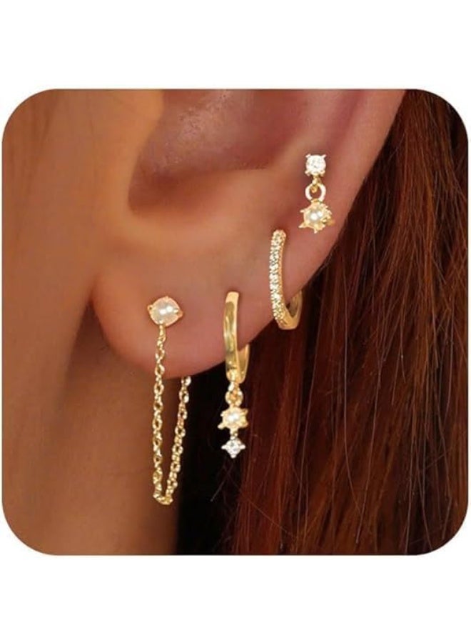kunshao Gold Hoop Earrings for Women, Dainty Stud and Pearl Earring Set, Hypoallergenic Cartilage Earrings for Multiple Piercings, 14K Solid Gold Plated Huggie Earrings, Trendy Jewelry Set - Image 1