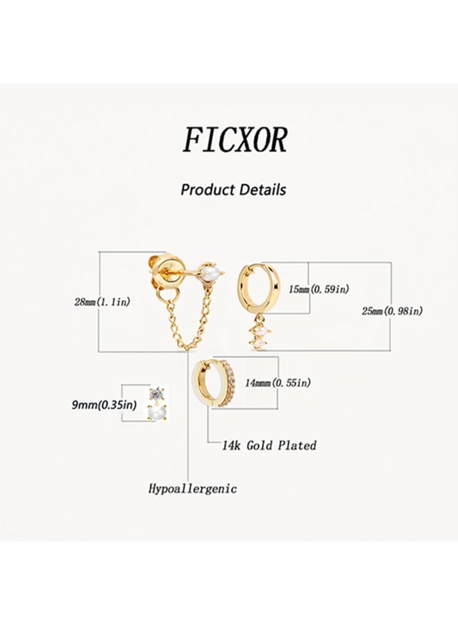 kunshao Gold Hoop Earrings for Women, Dainty Stud and Pearl Earring Set, Hypoallergenic Cartilage Earrings for Multiple Piercings, 14K Solid Gold Plated Huggie Earrings, Trendy Jewelry Set - Image 3