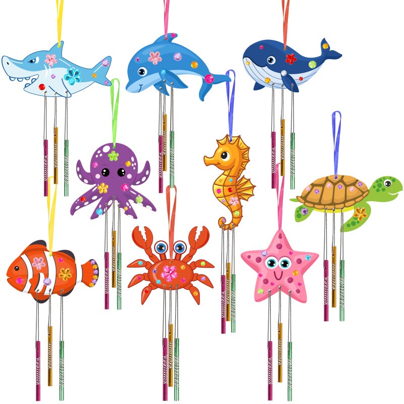 Fennoral 9 Pack Wind Chime Kit for Kids Make Your Own Ocean Animals Wind Chime Wooden Arts and Crafts for Girls Boys Ornaments DIY Coloring Sea Animals Craft for Art Activity Summer Party Decoration - Image 2