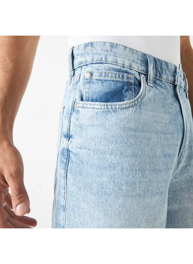 Lee Cooper Lee Cooper Solid Denim Shorts with Ripped Detail and Pockets