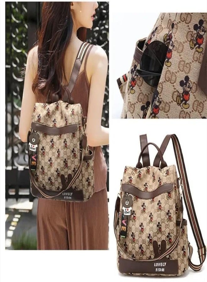 WANQLYN Backpack Purse for Women - Convertible Satchel Handbags Shoulder Bag,Anti-Theft Oxford Cloth Travel Daypack Zipper Bags for Ladies Girls (Mickey Brown) - Image 3