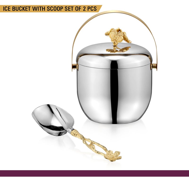 Sanjeev Kapoor Sanjeev Kapoor Stainless Steel Floral Set1 IceBucket 15 L Double Wall1 Ice ScoopHollow Handle IceBucke with ScoopIce Bucket for Bar Home Premium Design Ice Bucket  - Image 4