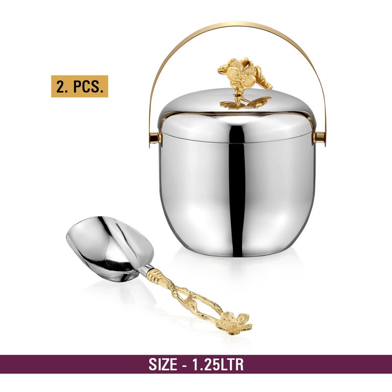 Sanjeev Kapoor Sanjeev Kapoor Stainless Steel Floral Set1 IceBucket 15 L Double Wall1 Ice ScoopHollow Handle IceBucke with ScoopIce Bucket for Bar Home Premium Design Ice Bucket  - Image 5