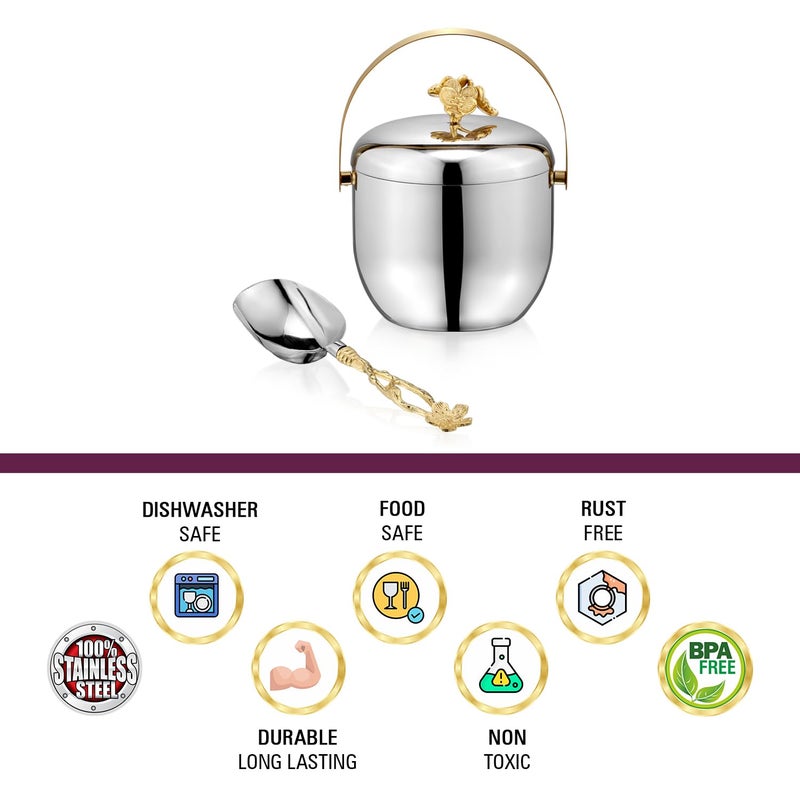 Sanjeev Kapoor Sanjeev Kapoor Stainless Steel Floral Set1 IceBucket 15 L Double Wall1 Ice ScoopHollow Handle IceBucke with ScoopIce Bucket for Bar Home Premium Design Ice Bucket  - Image 3