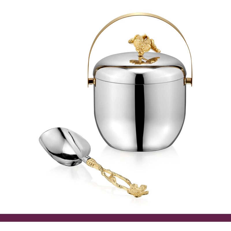 Sanjeev Kapoor Sanjeev Kapoor Stainless Steel Floral Set1 IceBucket 15 L Double Wall1 Ice ScoopHollow Handle IceBucke with ScoopIce Bucket for Bar Home Premium Design Ice Bucket  - Image 2