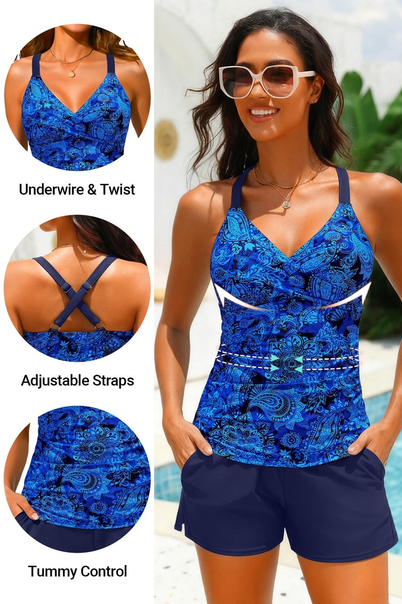 Yonique Women Underwire Tankini Swimsuit with Shorts - Two Piece Tummy Control Bathing Suit 2025 Swimwear with Pockets Blue Paisley XL - Image 5
