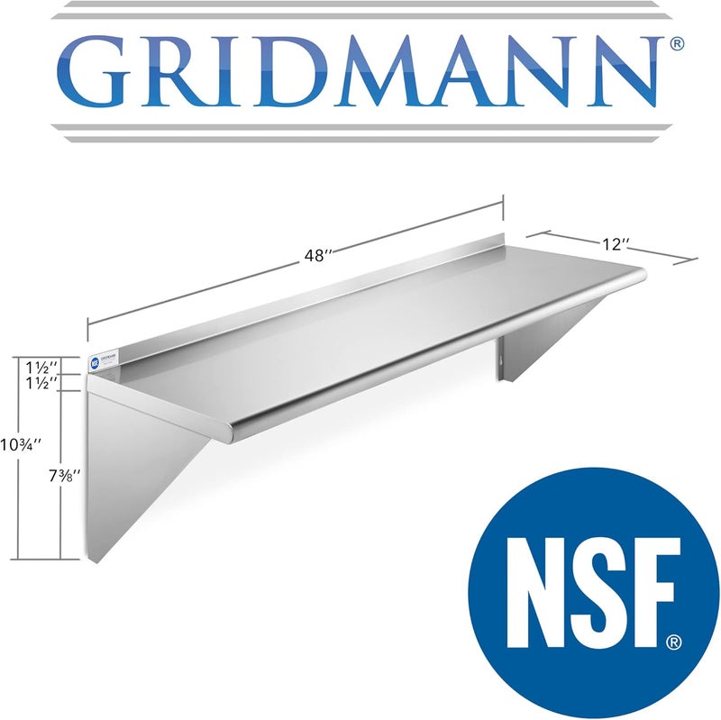 GRIDMANN 12" x 48" Stainless Steel Wall Mount Shelf with Backsplash, Commercial Grade - NSF Certified 18 Gauge Shelving for Restaurant, Kitchen, Utility Room, Garage - Image 3