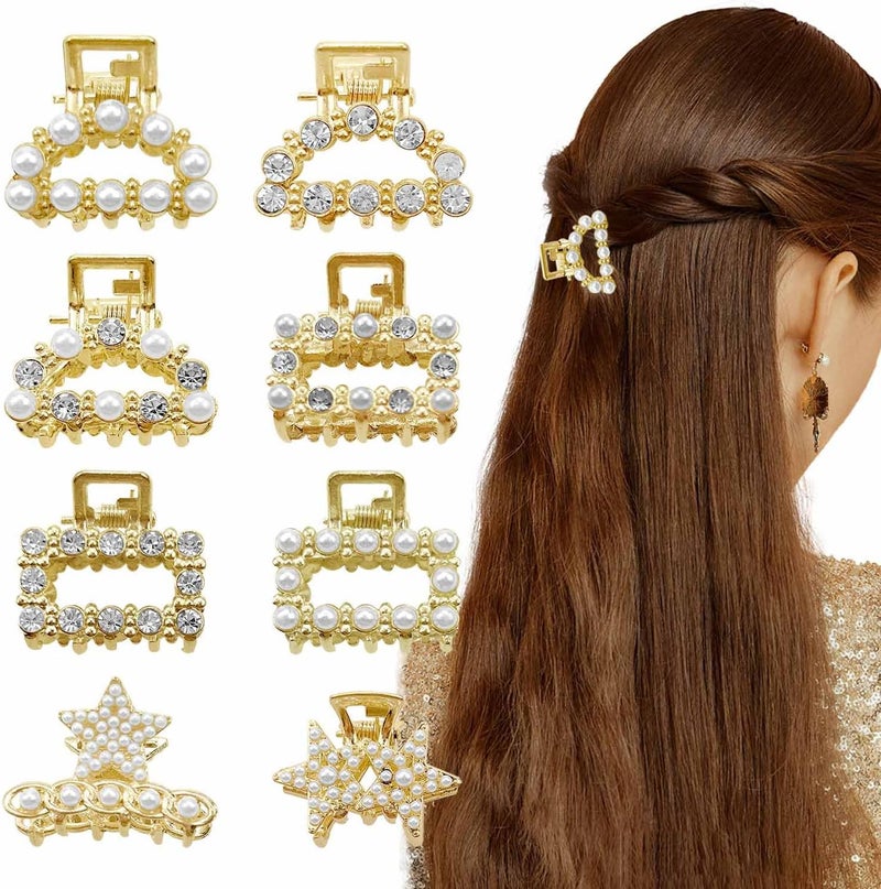 8 PCS Pearl Mini Claw ClipsGold Mini Hair Clips Crystal Rhinestone Small Hair ClipsNon Slip Clips Styling Hair Accessories for Women and Girls