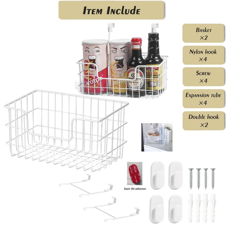 JUNCHU CHERRY Wire Storage Basket 2 Packs, Wall Mounted Kitchen Bathroom, Hanging Cabinet Door Storage Basket, no Drilling, Supporting 2 Types of Hooks, Strong Bearing, Suitable for Home, White - Image 2