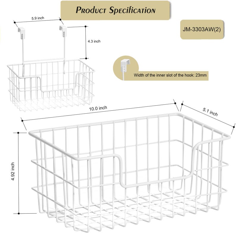 JUNCHU CHERRY Wire Storage Basket 2 Packs, Wall Mounted Kitchen Bathroom, Hanging Cabinet Door Storage Basket, no Drilling, Supporting 2 Types of Hooks, Strong Bearing, Suitable for Home, White - Image 3