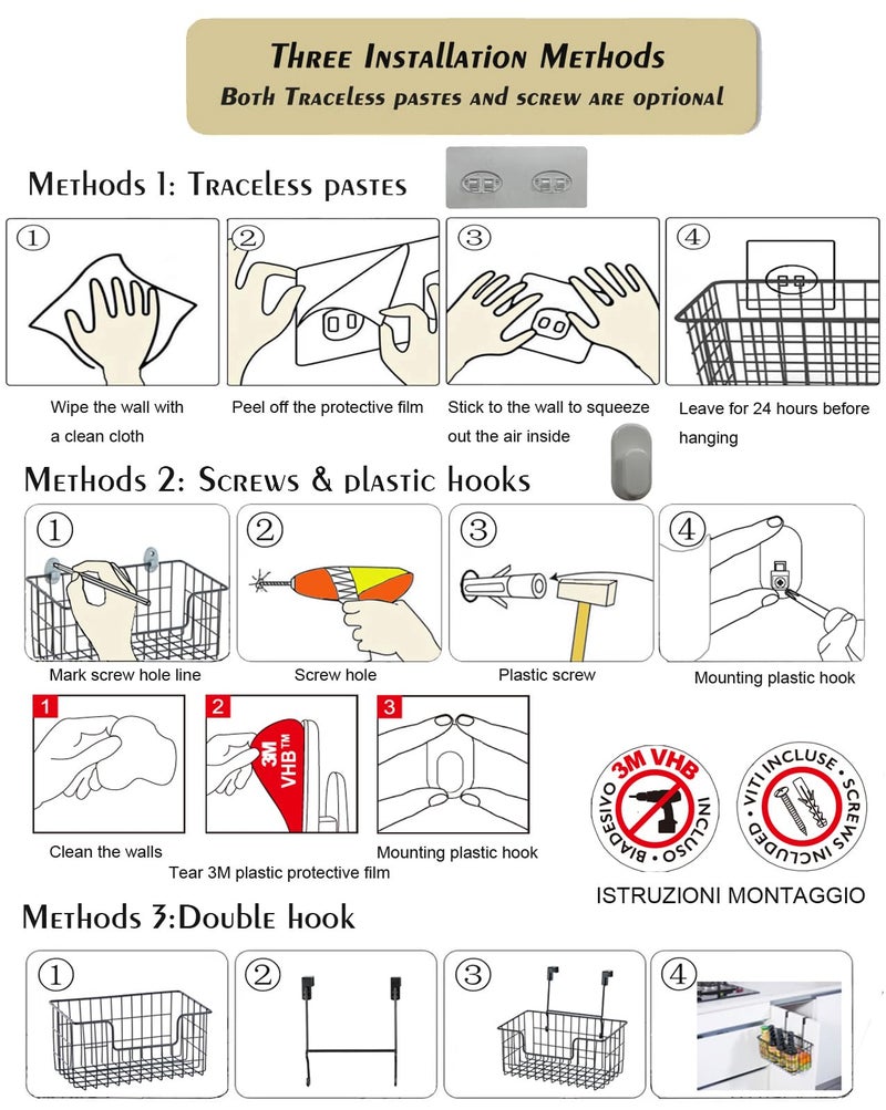 JUNCHU CHERRY Wire Storage Basket 2 Packs, Wall Mounted Kitchen Bathroom, Hanging Cabinet Door Storage Basket, no Drilling, Supporting 2 Types of Hooks, Strong Bearing, Suitable for Home, White - Image 5