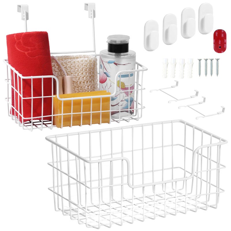 JUNCHU CHERRY Wire Storage Basket 2 Packs, Wall Mounted Kitchen Bathroom, Hanging Cabinet Door Storage Basket, no Drilling, Supporting 2 Types of Hooks, Strong Bearing, Suitable for Home, White - Image 1