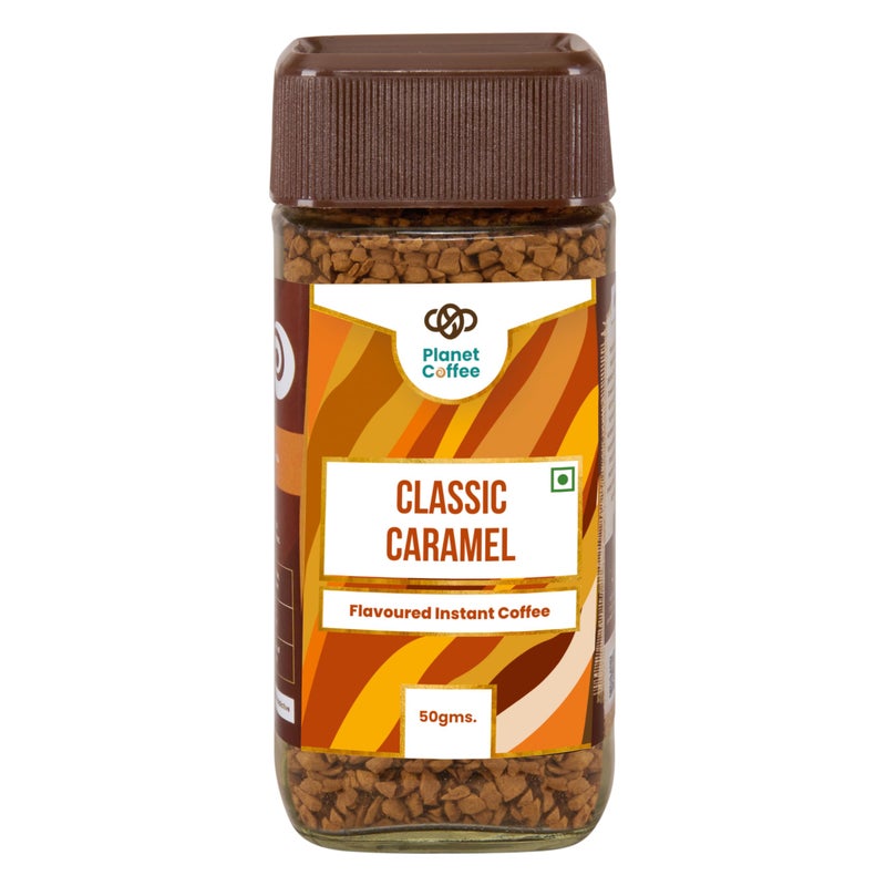 Planet Coffee قهوة كوكب الكلاسيكية بنكهة الكراميل الفورية | 100% أرابيكا نقية | 50 جرام في جرة زجاجية | مجففة بالتجميد | بدون سكر مضاف | تحميص متوسط | تصنع 25 كوب - Image 1