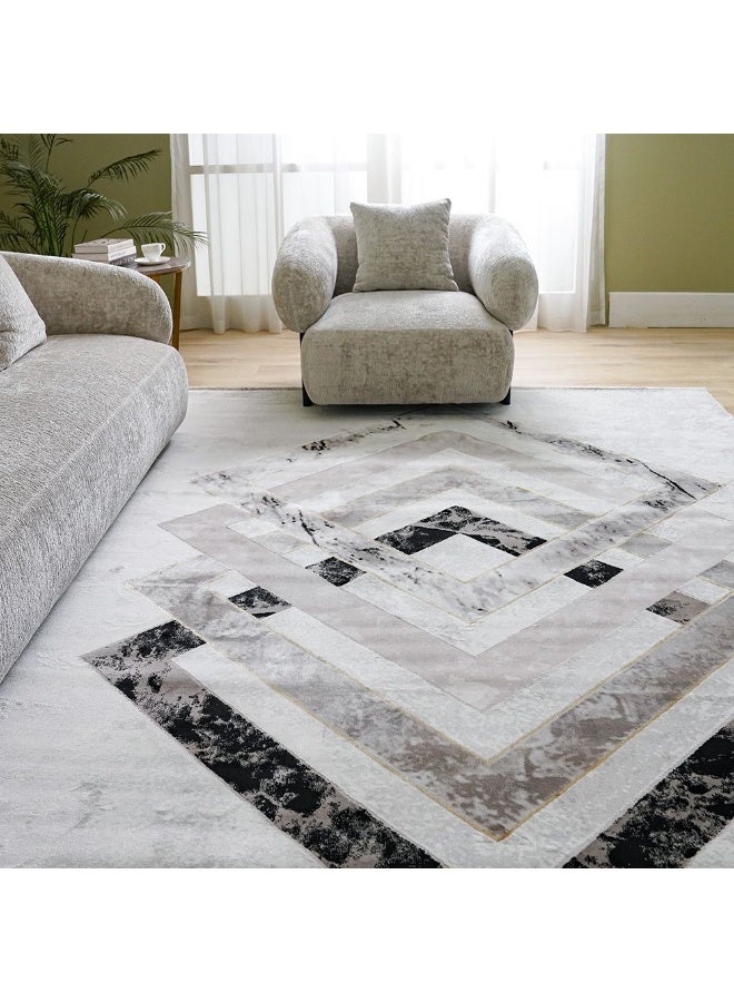 DANUBE HOME Galeria Lux Modern Rug | Washable Modern Rugs Style | Polypropylene + Polyester Area Rug Floor Covering | Indoor Carpet For Living Room Dining Bedroom 200x300cm-Grey White-231300472303 - Image 2