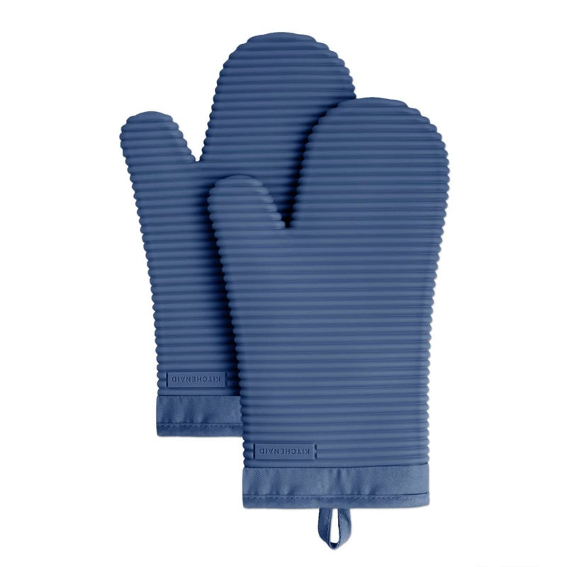 KitchenAid Ribbed Soft Silicone Oven Mitt Set  Blue Willow 2 Count   7.5""x13"" - Image 1