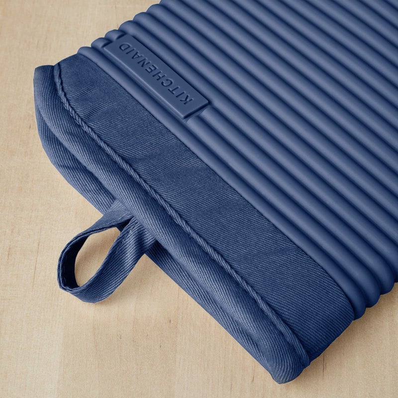 KitchenAid Ribbed Soft Silicone Oven Mitt Set  Blue Willow 2 Count   7.5""x13"" - Image 3