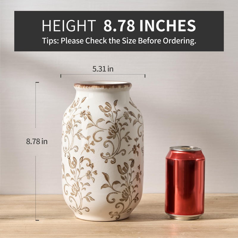 SIDUCAL Ceramic Vintage Vase, 8.78 Inch Chinoiserie Floral Vase, Retro Ice Cracked Rustic Farmhouse Vases for Home Decor, Living Room, Bookshelf, Office, Tuscan Decor, Brown Floral Pattern - Image 2